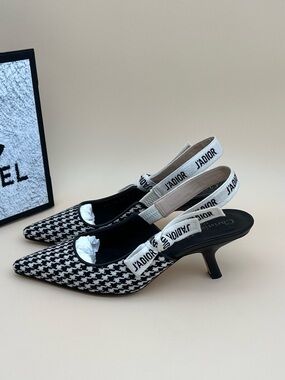 🚩steal Dior J'Adior Houndstooth Slingback Kitten Heels - Black & White